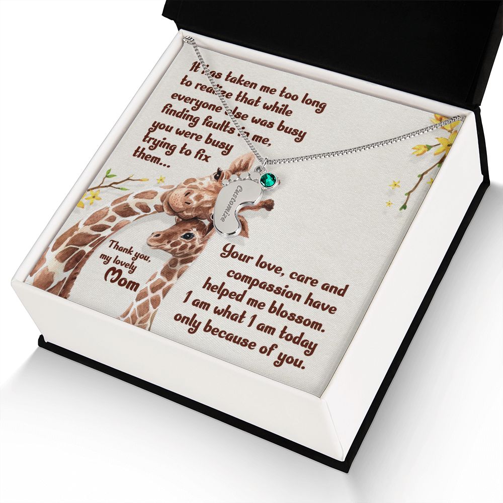 ENGRAVED BABY FEET WITH NAME AND BIRTHSTONE, NECKLACE GIFT FOR MOM WITH KIDS NAME, WITH MESSAGE CARD, HAPPY MOTHER'S DAY, GIFT FOR MOM FROM SON/DAUGHTER