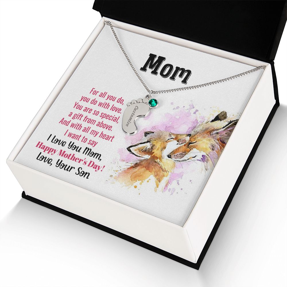 ENGRAVED BABY FEET WITH NAME AND BIRTHSTONE, NECKLACE GIFT FOR MOM WITH KIDS NAME, WITH MESSAGE CARD, MOTHER'S DAY GIFT FOR MOM FROM SON
