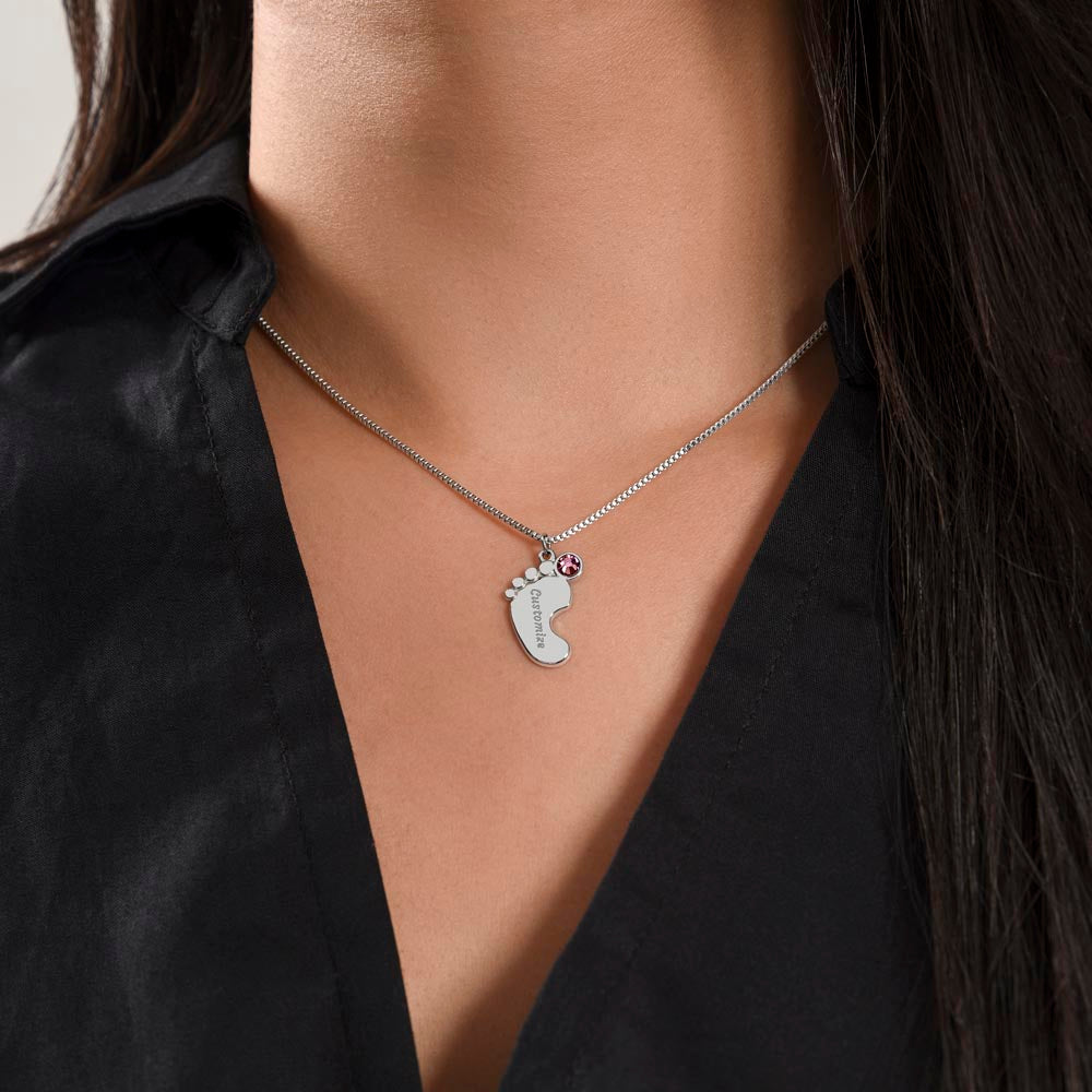 ENGRAVED BABY FEET WITH NAME AND BIRTHSTONE, NECKLACE GIFT FOR MOM WITH KIDS NAME, WITH MESSAGE CARD, HAPPY MOTHER'S DAY GIFT FOR MOM FROM SON/DAUGHTER