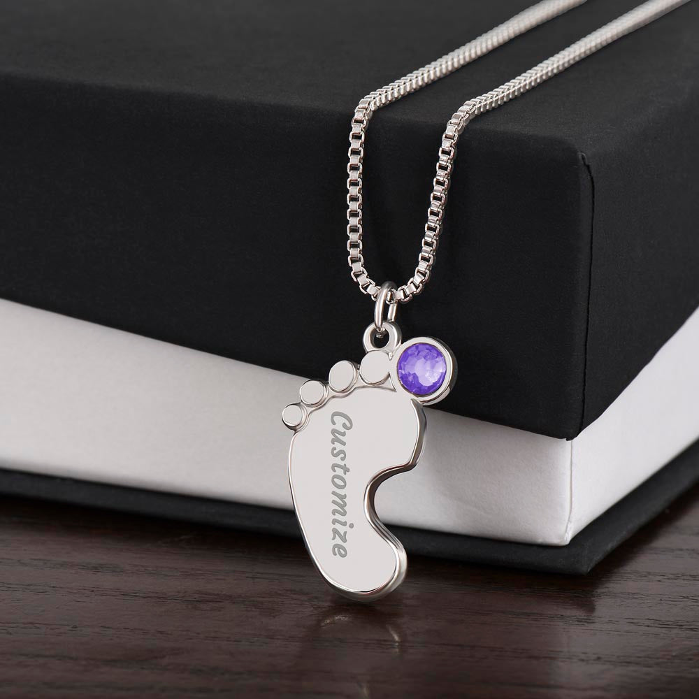ENGRAVED BABY FEET WITH NAME AND BIRTHSTONE, NECKLACE GIFT FOR MOM WITH KIDS NAME, WITH MESSAGE CARD, MOTHER'S DAY GIFT FOR MOM FROM SON/DAUGHTER