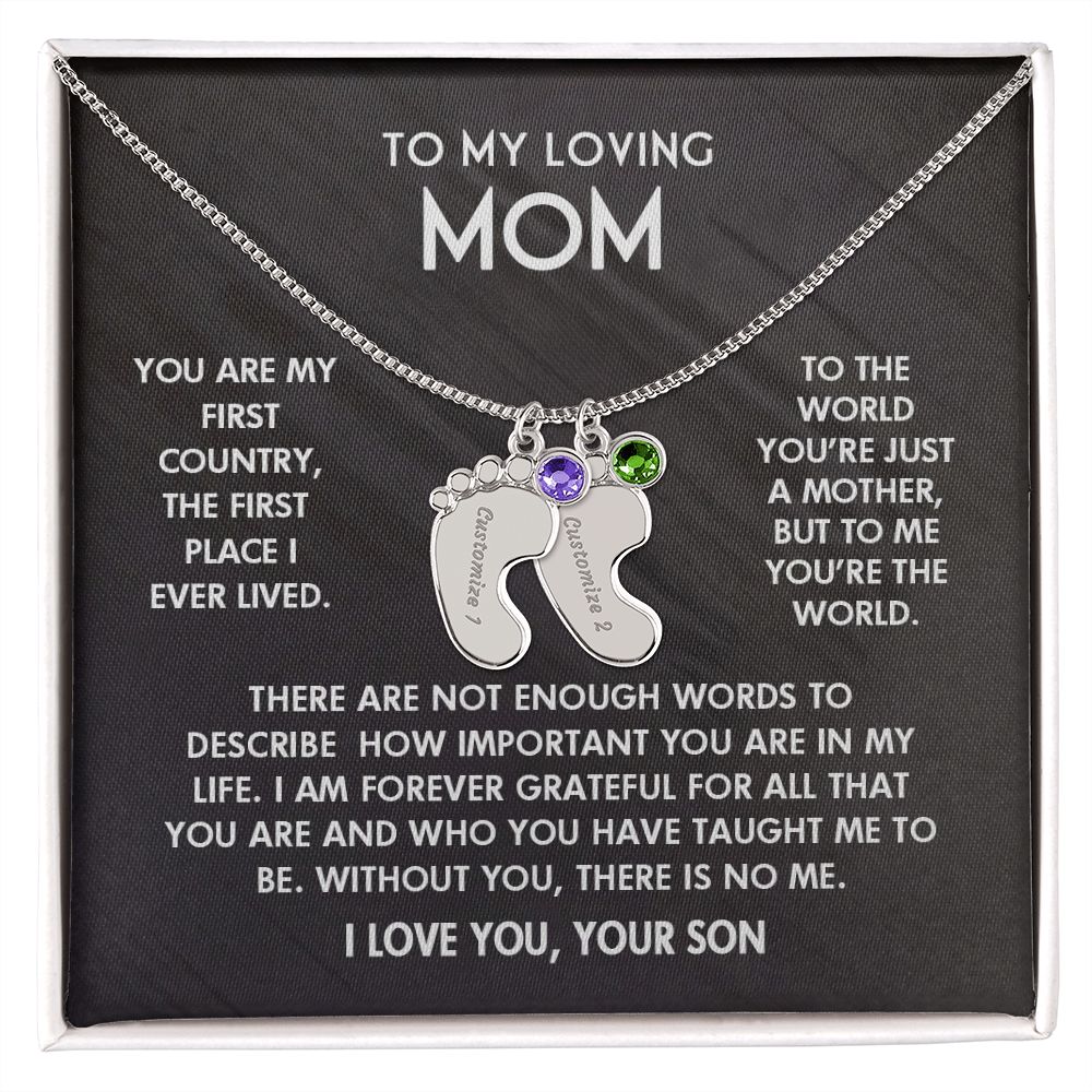 ENGRAVED BABY FEET WITH NAME AND BIRTHSTONE, NECKLACE GIFT FOR MOM WITH KIDS NAME, WITH MESSAGE CARD, BIRTHDAY/ MOTHER'S DAY GIFT FOR MOM FROM SON
