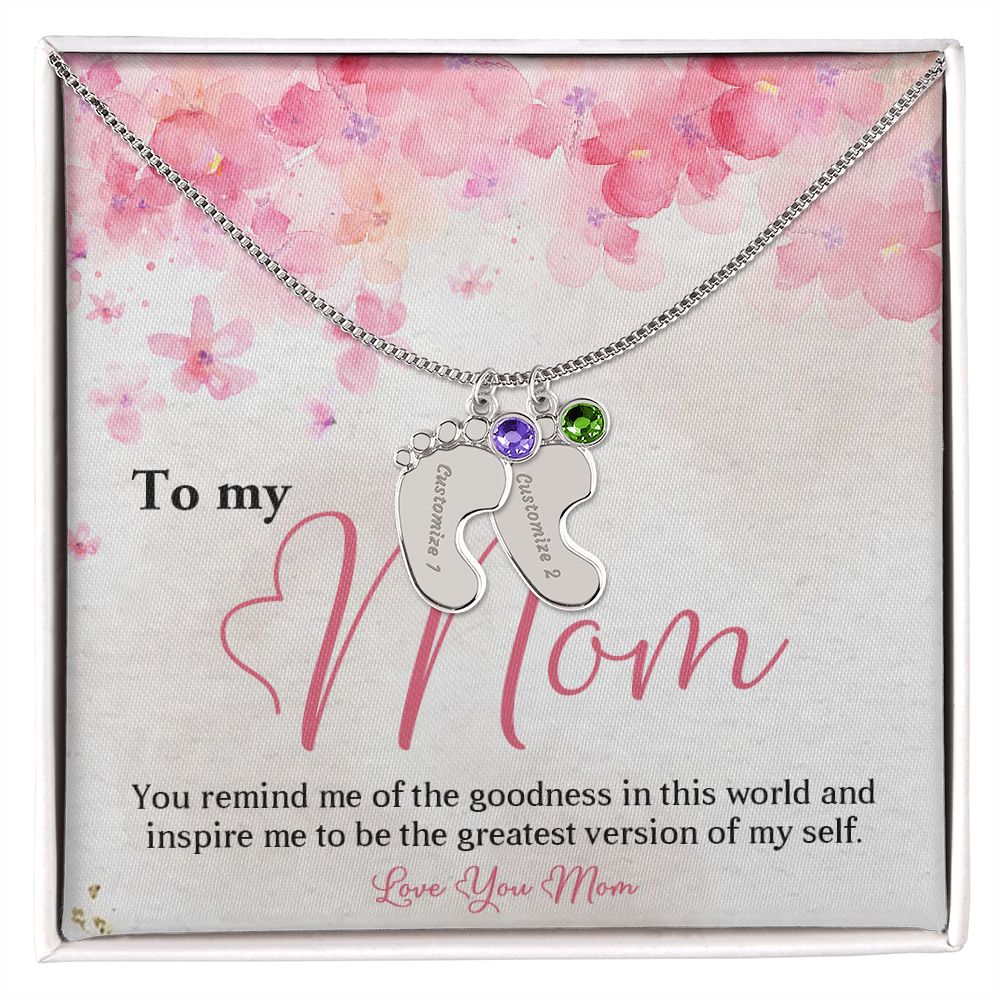 ENGRAVED BABY FEET WITH NAME AND BIRTHSTONE, NECKLACE GIFT FOR MOM WITH KIDS NAME, WITH MESSAGE CARD, BIRTHDAY/ MOTHER'S DAY GIFT FOR MOM FROM SON/DAUGHTER