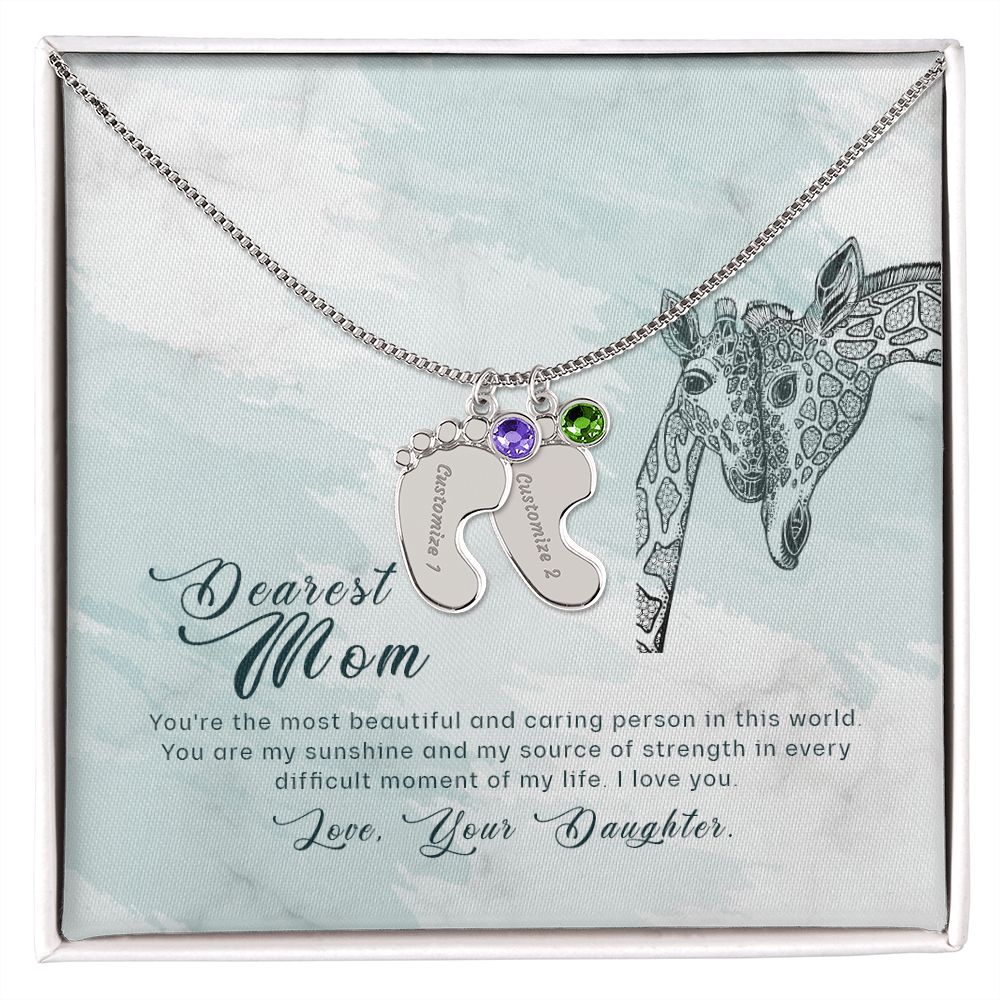 ENGRAVED BABY FEET WITH NAME AND BIRTHSTONE, NECKLACE GIFT FOR MOM WITH KIDS NAME, WITH MESSAGE CARD, BIRTHDAY/MOTHER'S DAY GIFT FOR MOM, FROM DAUGHTER
