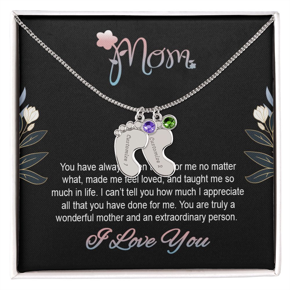 ENGRAVED BABY FEET WITH NAME AND BIRTHSTONE, NECKLACE GIFT FOR MOM WITH KIDS NAME, WITH MESSAGE CARD, BIRTHDAY/ MOTHER'S DAY GIFT FOR MOM FROM SON/DAUGHTER