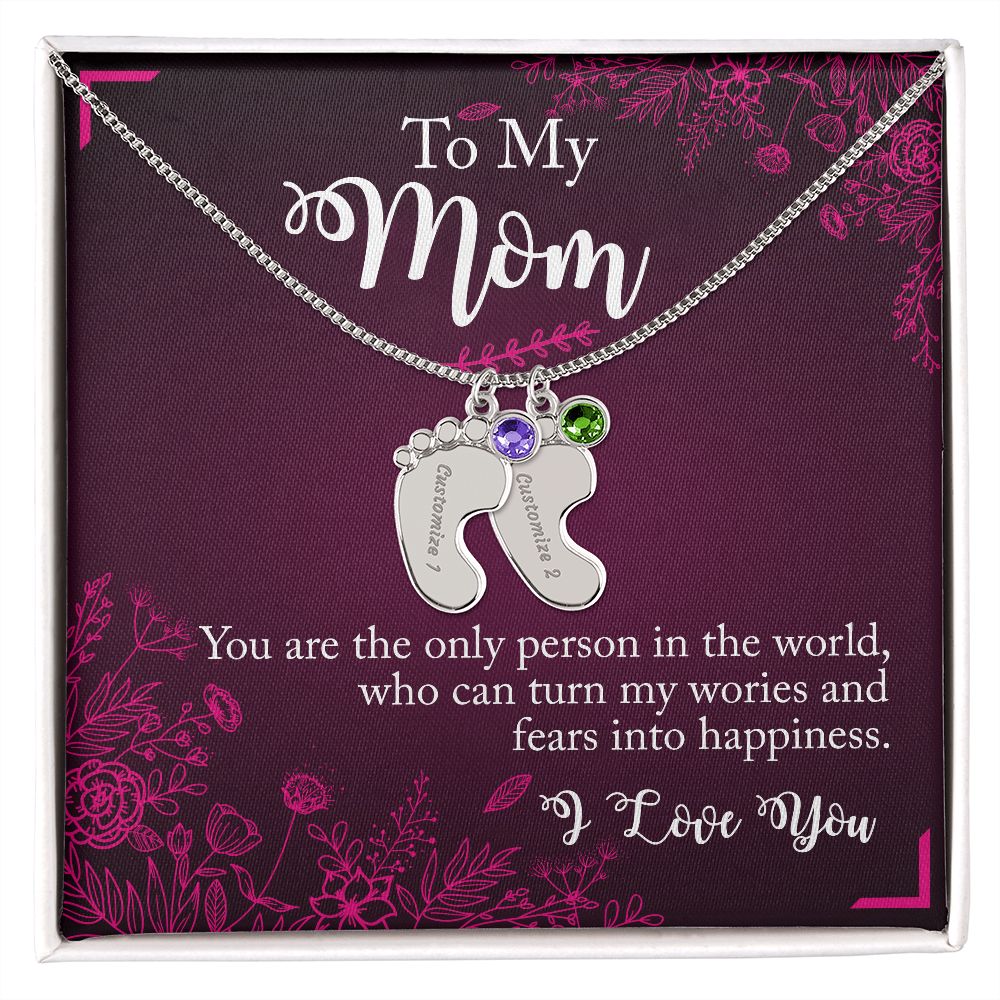 ENGRAVED BABY FEET WITH NAME AND BIRTHSTONE, NECKLACE GIFT FOR MOM WITH KIDS NAME, WITH MESSAGE CARD, BIRTHDAY/MOTHER'S DAY GIFT FOR MOM, FROM SON/DAUGHTER