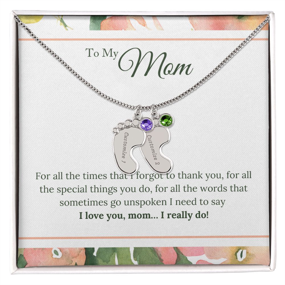 ENGRAVED BABY FEET WITH NAME AND BIRTHSTONE, NECKLACE GIFT FOR MOM WITH KIDS NAME, WITH MESSAGE CARD, HAPPY MOTHER'S DAY GIFT FOR MOM FROM SON/DAUGHTER