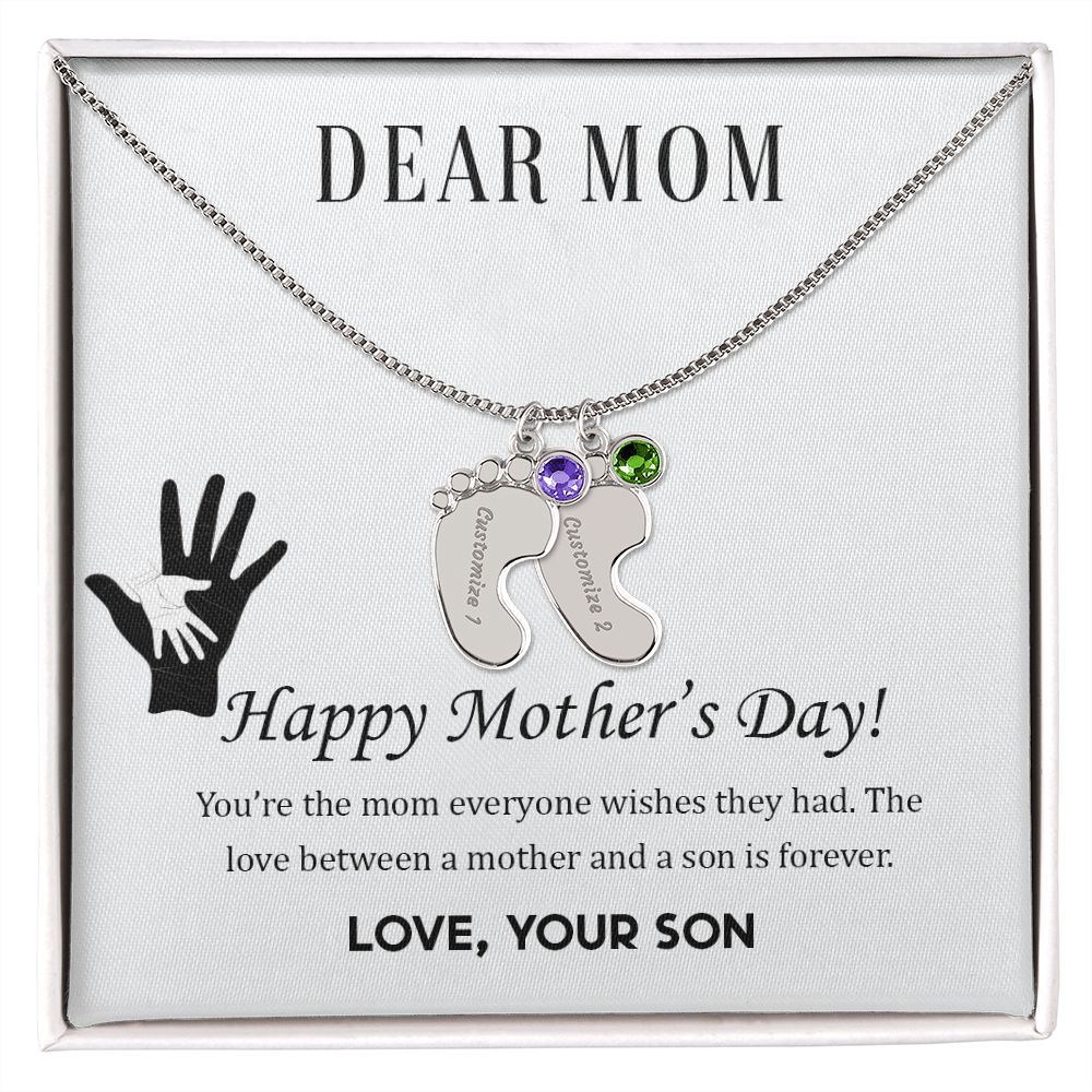 ENGRAVED BABY FEET WITH NAME AND BIRTHSTONE, NECKLACE GIFT FOR MOM WITH KIDS NAME, WITH MESSAGE CARD, BIRTHDAY/ MOTHER'S DAY GIFT FOR MOM FROM SON