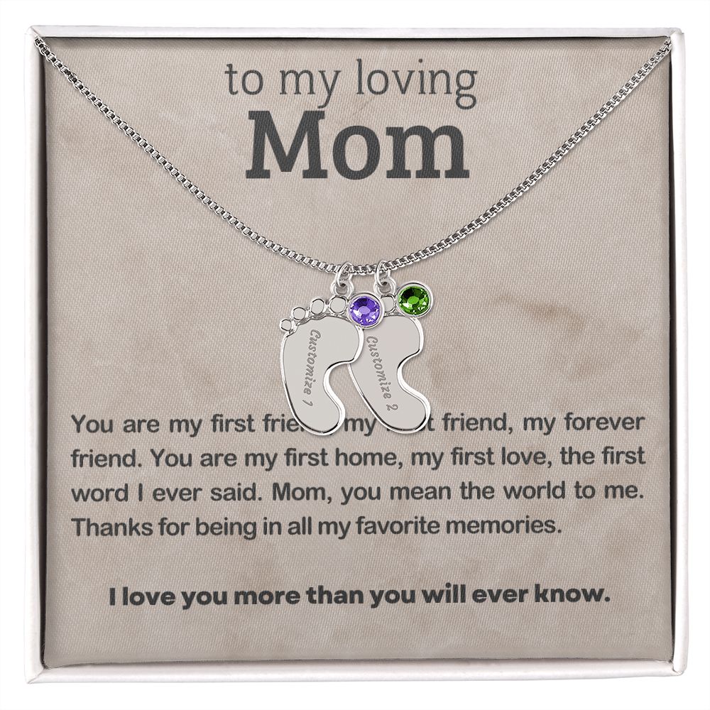 ENGRAVED BABY FEET WITH NAME AND BIRTHSTONE, NECKLACE GIFT FOR MOM WITH KIDS NAME, WITH MESSAGE CARD, BIRTHDAY/MOTHER'S DAY GIFT FOR MOM, FROM SON/DAUGHTER