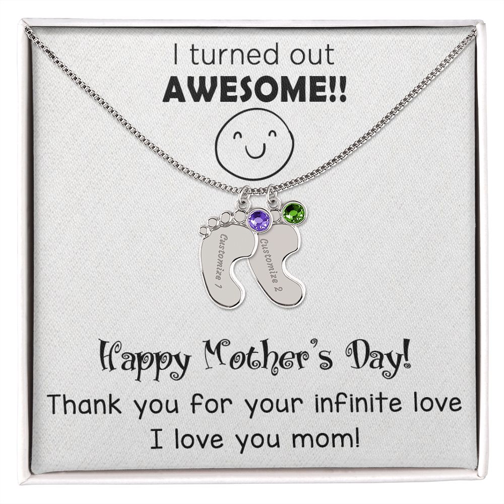 ENGRAVED BABY FEET WITH NAME AND BIRTHSTONE, NECKLACE GIFT FOR MOM WITH KIDS NAME, WITH MESSAGE CARD, MOTHER'S DAY GIFT FOR MOM FROM SON/DAUGHTER