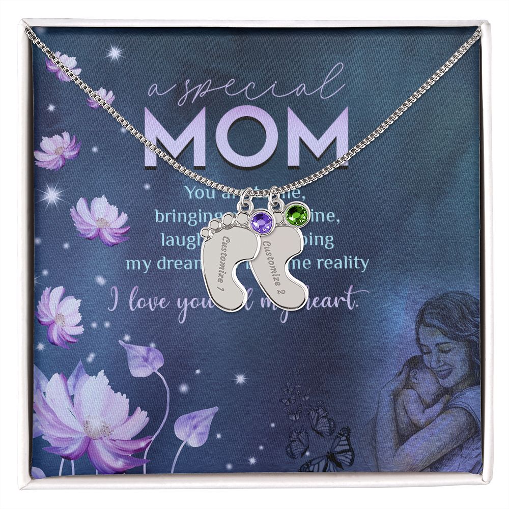 ENGRAVED BABY FEET WITH NAME AND BIRTHSTONE, NECKLACE GIFT FOR MOM WITH KIDS NAME, WITH MESSAGE CARD, BIRTHDAY/MOTHER'S DAY GIFT FOR MOM, FROM KIDS