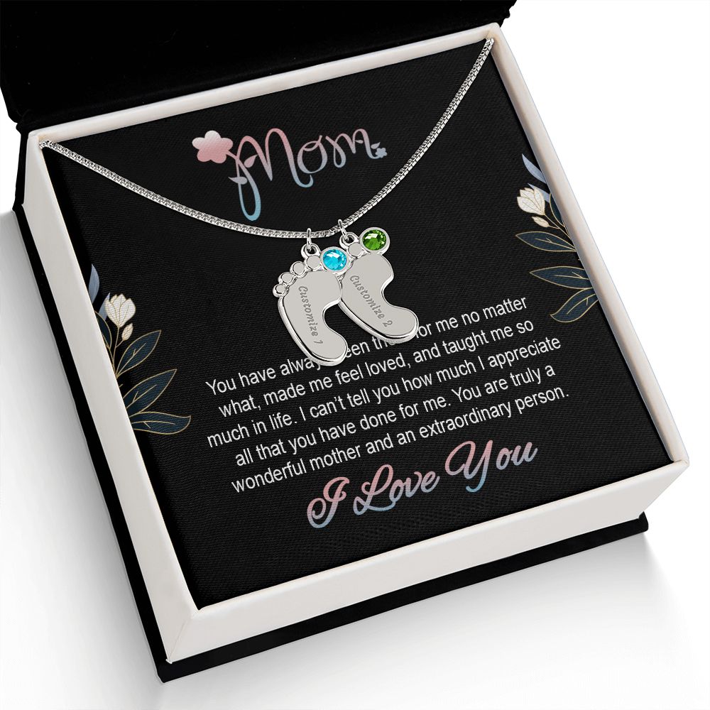 ENGRAVED BABY FEET WITH NAME AND BIRTHSTONE, NECKLACE GIFT FOR MOM WITH KIDS NAME, WITH MESSAGE CARD, BIRTHDAY/ MOTHER'S DAY GIFT FOR MOM FROM SON/DAUGHTER