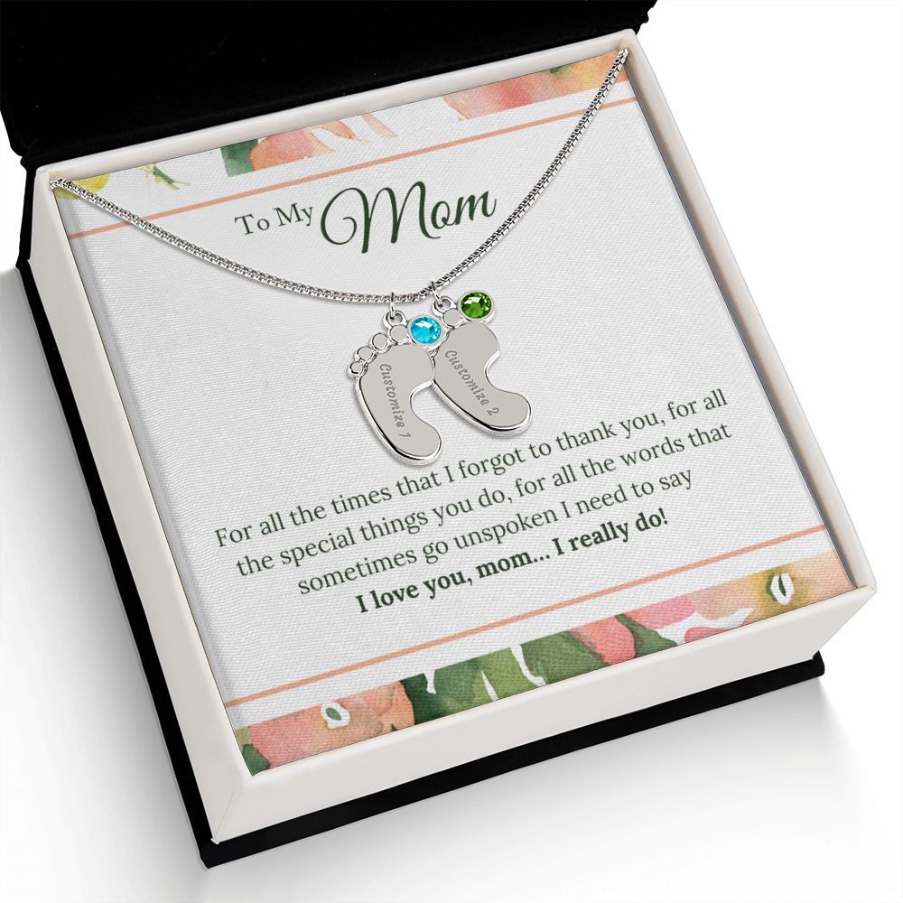 ENGRAVED BABY FEET WITH NAME AND BIRTHSTONE, NECKLACE GIFT FOR MOM WITH KIDS NAME, WITH MESSAGE CARD, HAPPY MOTHER'S DAY GIFT FOR MOM FROM SON/DAUGHTER