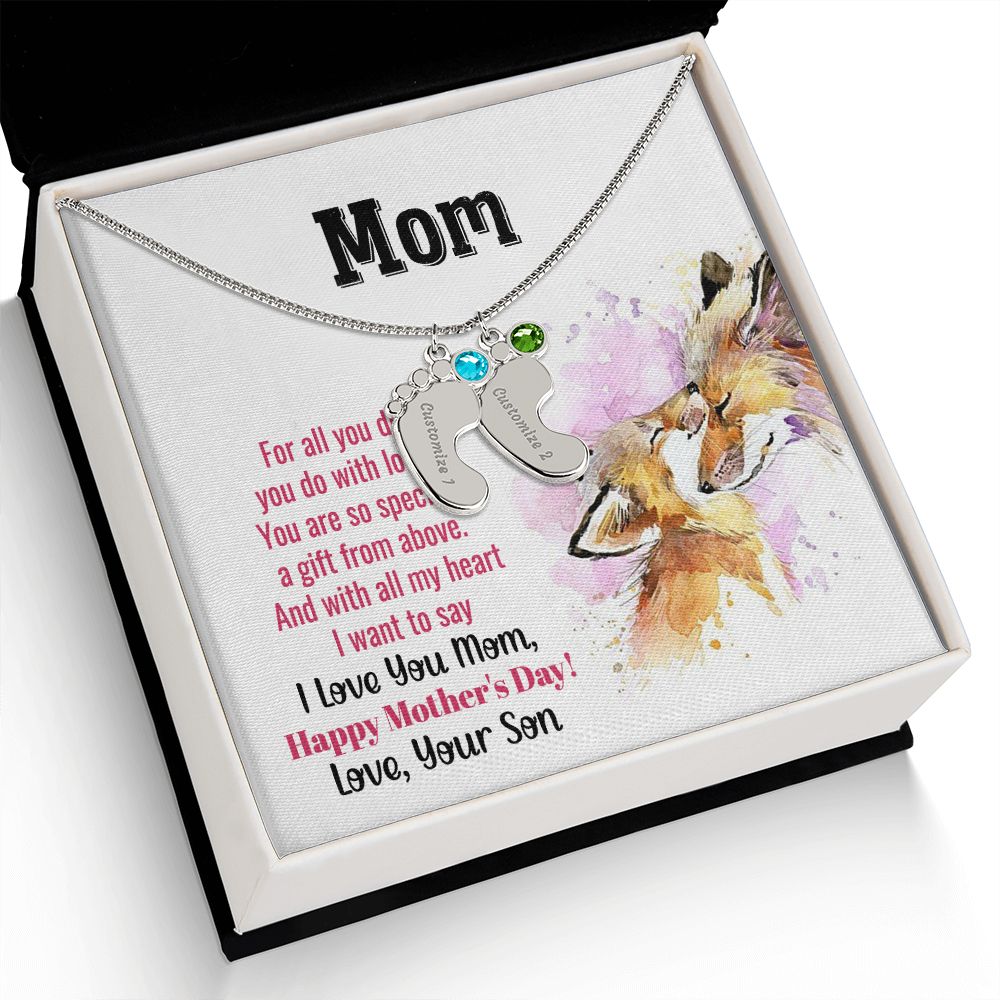 ENGRAVED BABY FEET WITH NAME AND BIRTHSTONE, NECKLACE GIFT FOR MOM WITH KIDS NAME, WITH MESSAGE CARD, MOTHER'S DAY GIFT FOR MOM FROM SON