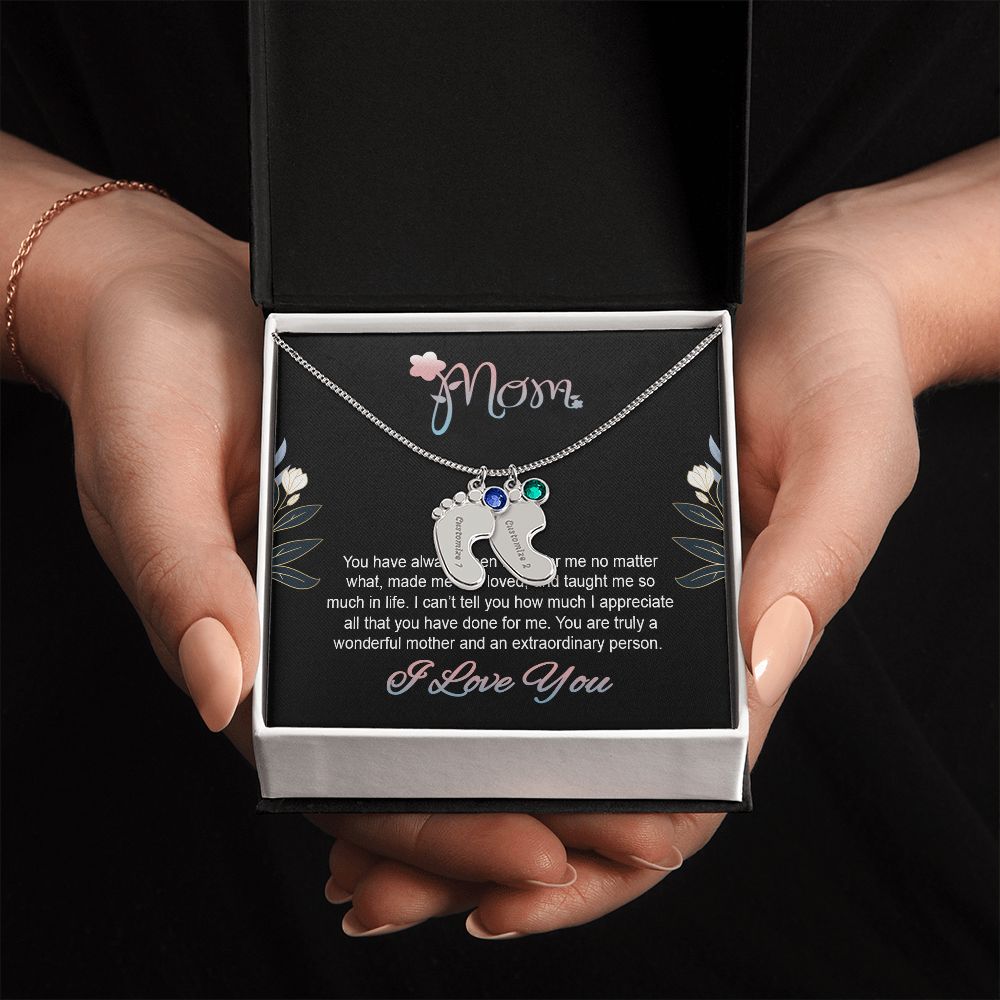 ENGRAVED BABY FEET WITH NAME AND BIRTHSTONE, NECKLACE GIFT FOR MOM WITH KIDS NAME, WITH MESSAGE CARD, BIRTHDAY/ MOTHER'S DAY GIFT FOR MOM FROM SON/DAUGHTER