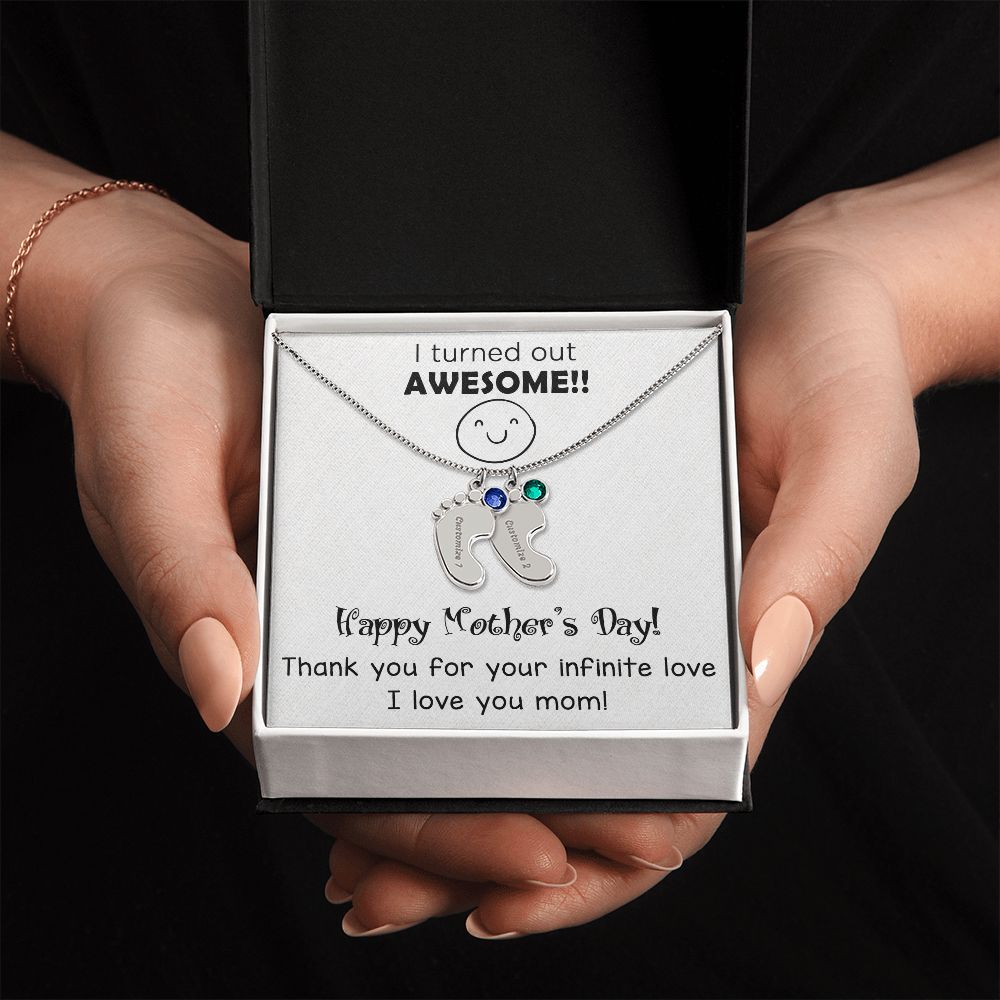 ENGRAVED BABY FEET WITH NAME AND BIRTHSTONE, NECKLACE GIFT FOR MOM WITH KIDS NAME, WITH MESSAGE CARD, MOTHER'S DAY GIFT FOR MOM FROM SON/DAUGHTER