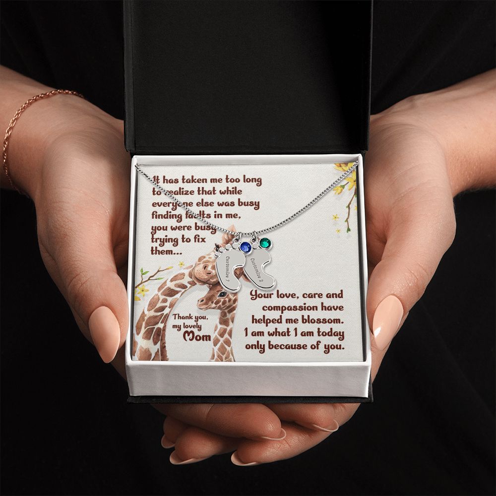ENGRAVED BABY FEET WITH NAME AND BIRTHSTONE, NECKLACE GIFT FOR MOM WITH KIDS NAME, WITH MESSAGE CARD, HAPPY MOTHER'S DAY, GIFT FOR MOM FROM SON/DAUGHTER