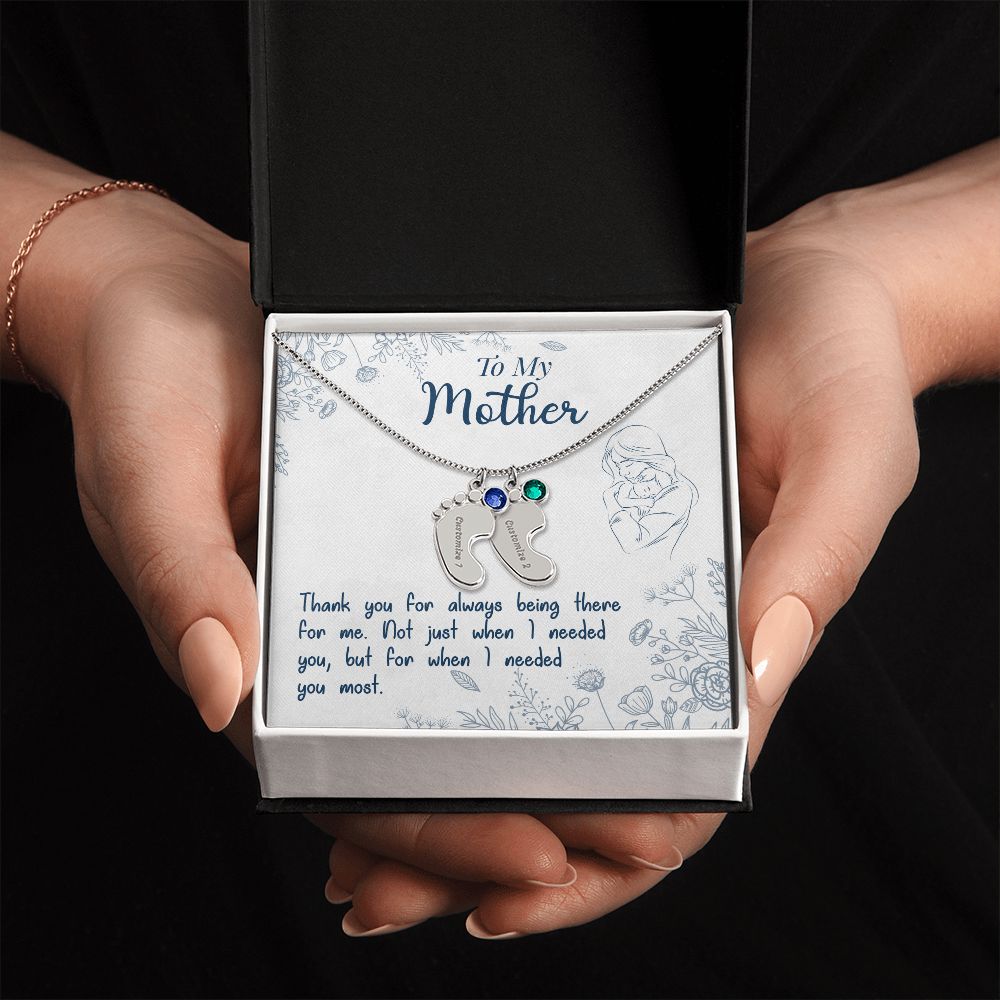 ENGRAVED BABY FEET WITH NAME AND BIRTHSTONE, NECKLACE GIFT FOR MOM WITH KIDS NAME, WITH MESSAGE CARD, MOTHER'S DAY GIFT, FOR MOM FROM SON/DAUGHTER