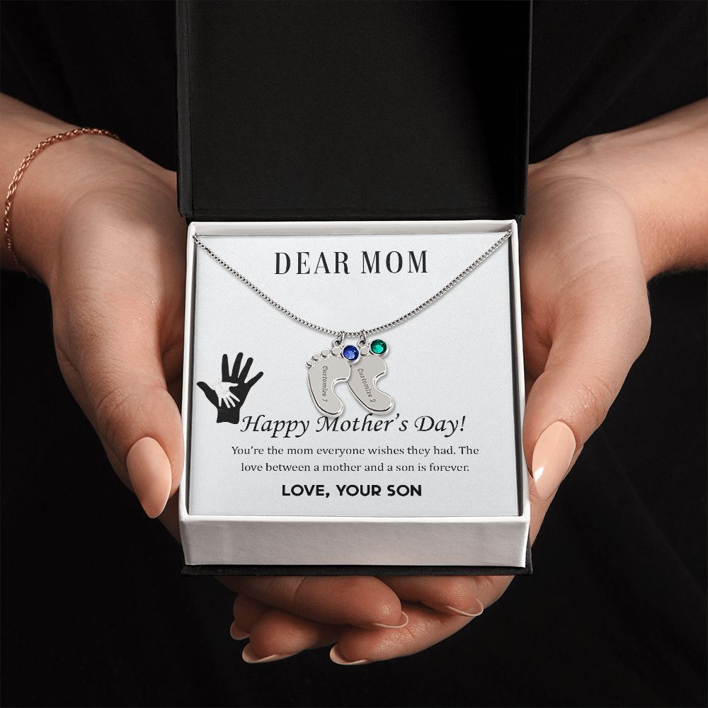 ENGRAVED BABY FEET WITH NAME AND BIRTHSTONE, NECKLACE GIFT FOR MOM WITH KIDS NAME, WITH MESSAGE CARD, BIRTHDAY/ MOTHER'S DAY GIFT FOR MOM FROM SON