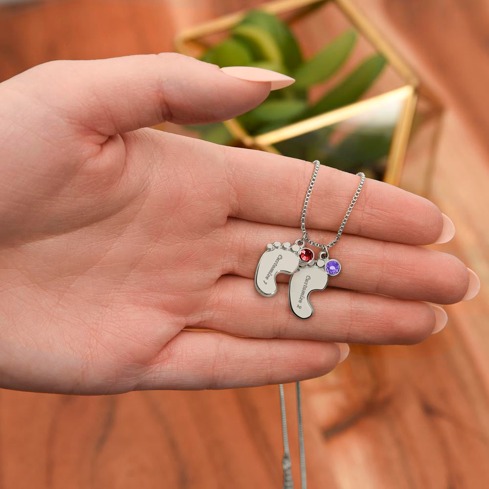 ENGRAVED BABY FEET WITH NAME AND BIRTHSTONE, NECKLACE GIFT FOR MOM WITH KIDS NAME, WITH MESSAGE CARD, BIRTHDAY/ MOTHER'S DAY GIFT FOR MOM FROM SON/DAUGHTER