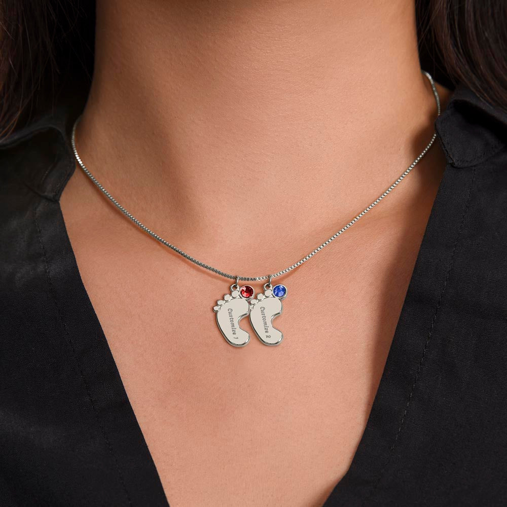ENGRAVED BABY FEET WITH NAME AND BIRTHSTONE, NECKLACE GIFT FOR MOM WITH KIDS NAME, WITH MESSAGE CARD, BIRTHDAY/ MOTHER'S DAY GIFT FOR MOM FROM SON