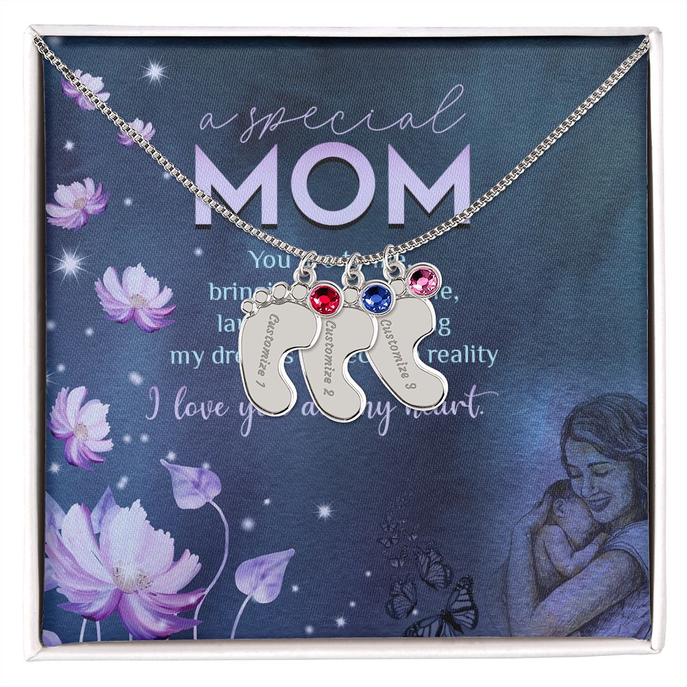 ENGRAVED BABY FEET WITH NAME AND BIRTHSTONE, NECKLACE GIFT FOR MOM WITH KIDS NAME, WITH MESSAGE CARD, BIRTHDAY/MOTHER'S DAY GIFT FOR MOM, FROM KIDS