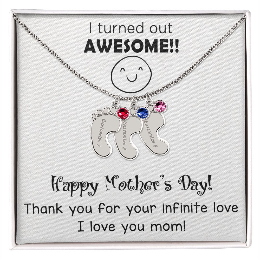 ENGRAVED BABY FEET WITH NAME AND BIRTHSTONE, NECKLACE GIFT FOR MOM WITH KIDS NAME, WITH MESSAGE CARD, MOTHER'S DAY GIFT FOR MOM FROM SON/DAUGHTER