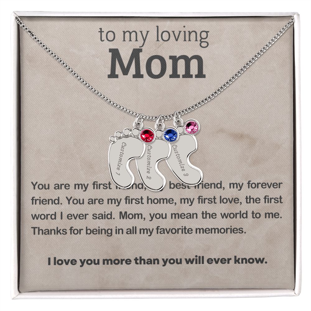 ENGRAVED BABY FEET WITH NAME AND BIRTHSTONE, NECKLACE GIFT FOR MOM WITH KIDS NAME, WITH MESSAGE CARD, BIRTHDAY/MOTHER'S DAY GIFT FOR MOM, FROM SON/DAUGHTER