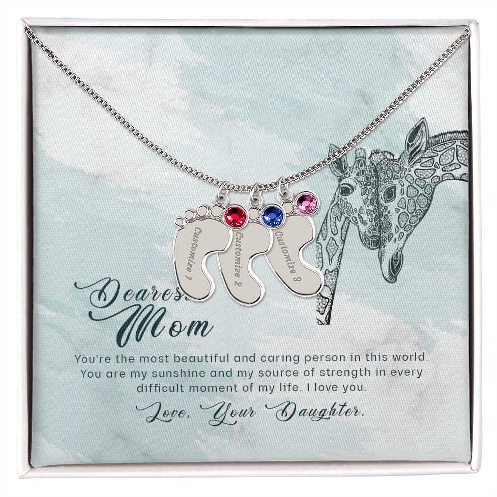 ENGRAVED BABY FEET WITH NAME AND BIRTHSTONE, NECKLACE GIFT FOR MOM WITH KIDS NAME, WITH MESSAGE CARD, BIRTHDAY/MOTHER'S DAY GIFT FOR MOM, FROM DAUGHTER