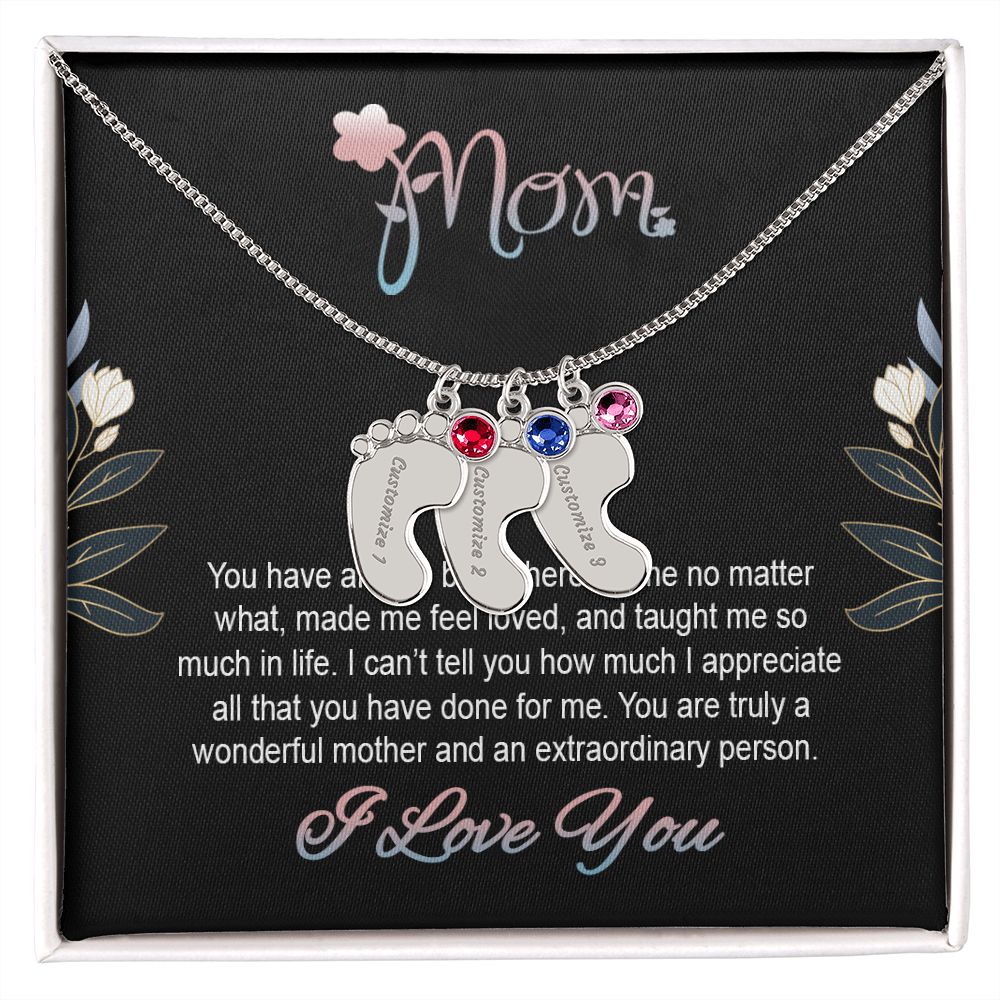 ENGRAVED BABY FEET WITH NAME AND BIRTHSTONE, NECKLACE GIFT FOR MOM WITH KIDS NAME, WITH MESSAGE CARD, BIRTHDAY/ MOTHER'S DAY GIFT FOR MOM FROM SON/DAUGHTER
