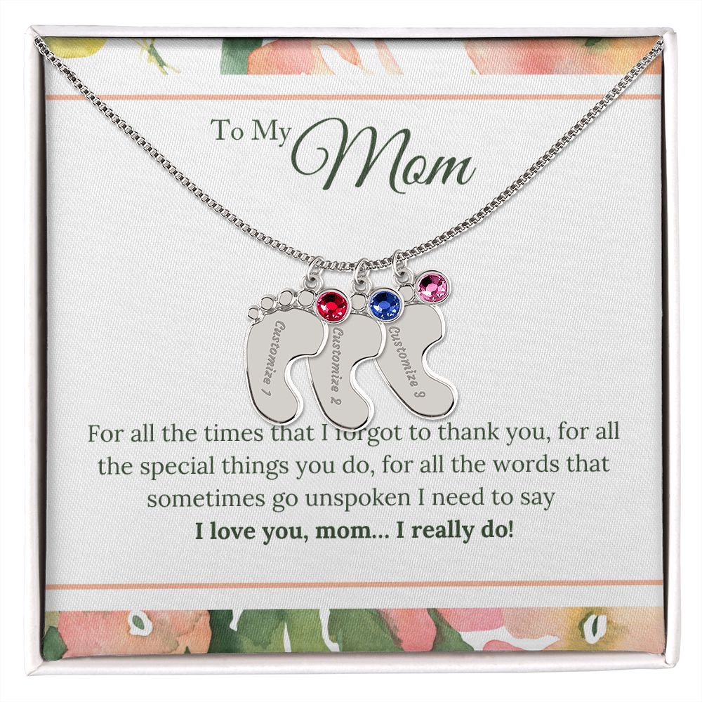 ENGRAVED BABY FEET WITH NAME AND BIRTHSTONE, NECKLACE GIFT FOR MOM WITH KIDS NAME, WITH MESSAGE CARD, HAPPY MOTHER'S DAY GIFT FOR MOM FROM SON/DAUGHTER