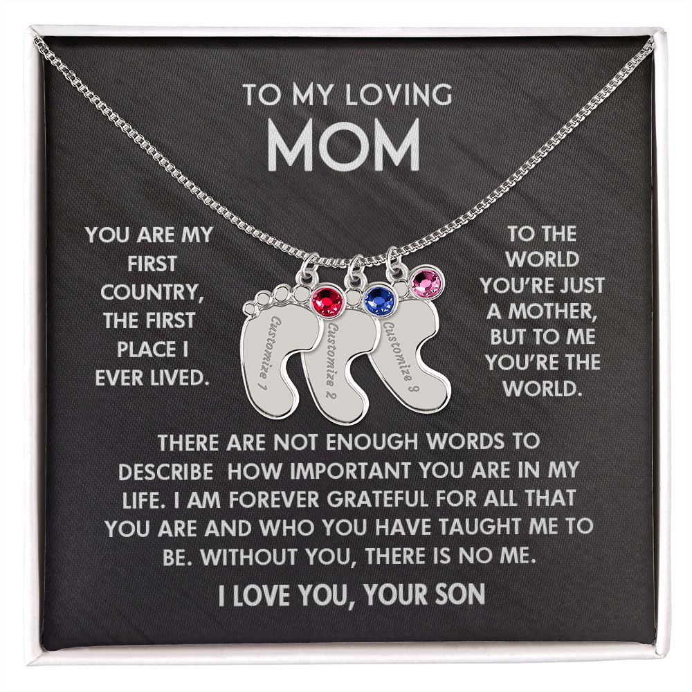 ENGRAVED BABY FEET WITH NAME AND BIRTHSTONE, NECKLACE GIFT FOR MOM WITH KIDS NAME, WITH MESSAGE CARD, BIRTHDAY/ MOTHER'S DAY GIFT FOR MOM FROM SON