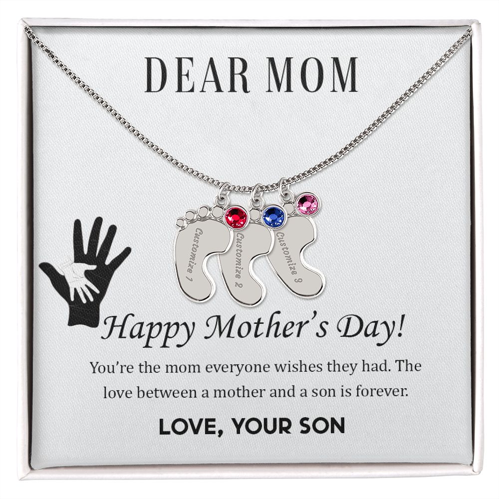 ENGRAVED BABY FEET WITH NAME AND BIRTHSTONE, NECKLACE GIFT FOR MOM WITH KIDS NAME, WITH MESSAGE CARD, BIRTHDAY/ MOTHER'S DAY GIFT FOR MOM FROM SON