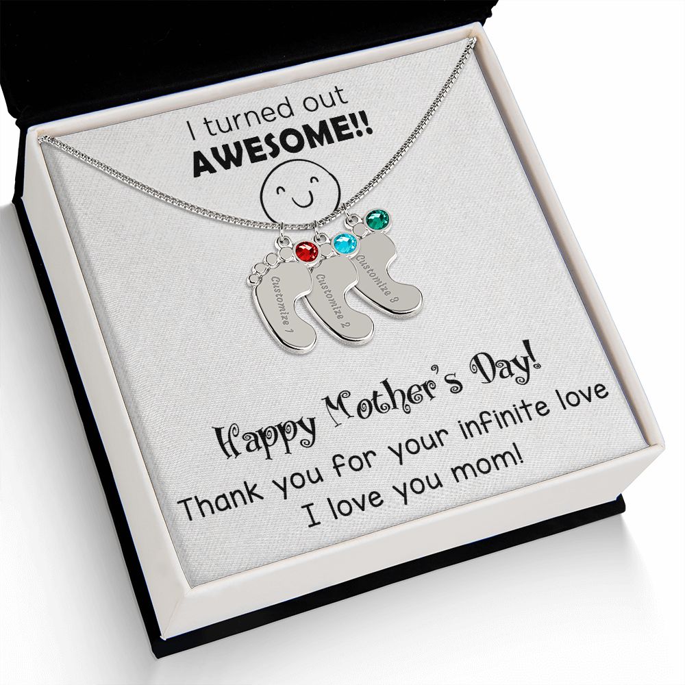ENGRAVED BABY FEET WITH NAME AND BIRTHSTONE, NECKLACE GIFT FOR MOM WITH KIDS NAME, WITH MESSAGE CARD, MOTHER'S DAY GIFT FOR MOM FROM SON/DAUGHTER
