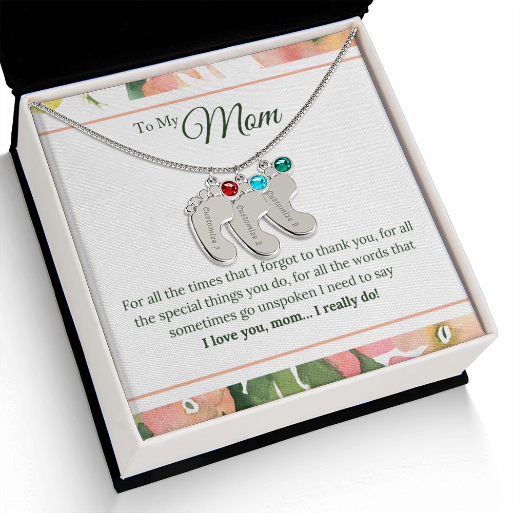ENGRAVED BABY FEET WITH NAME AND BIRTHSTONE, NECKLACE GIFT FOR MOM WITH KIDS NAME, WITH MESSAGE CARD, HAPPY MOTHER'S DAY GIFT FOR MOM FROM SON/DAUGHTER