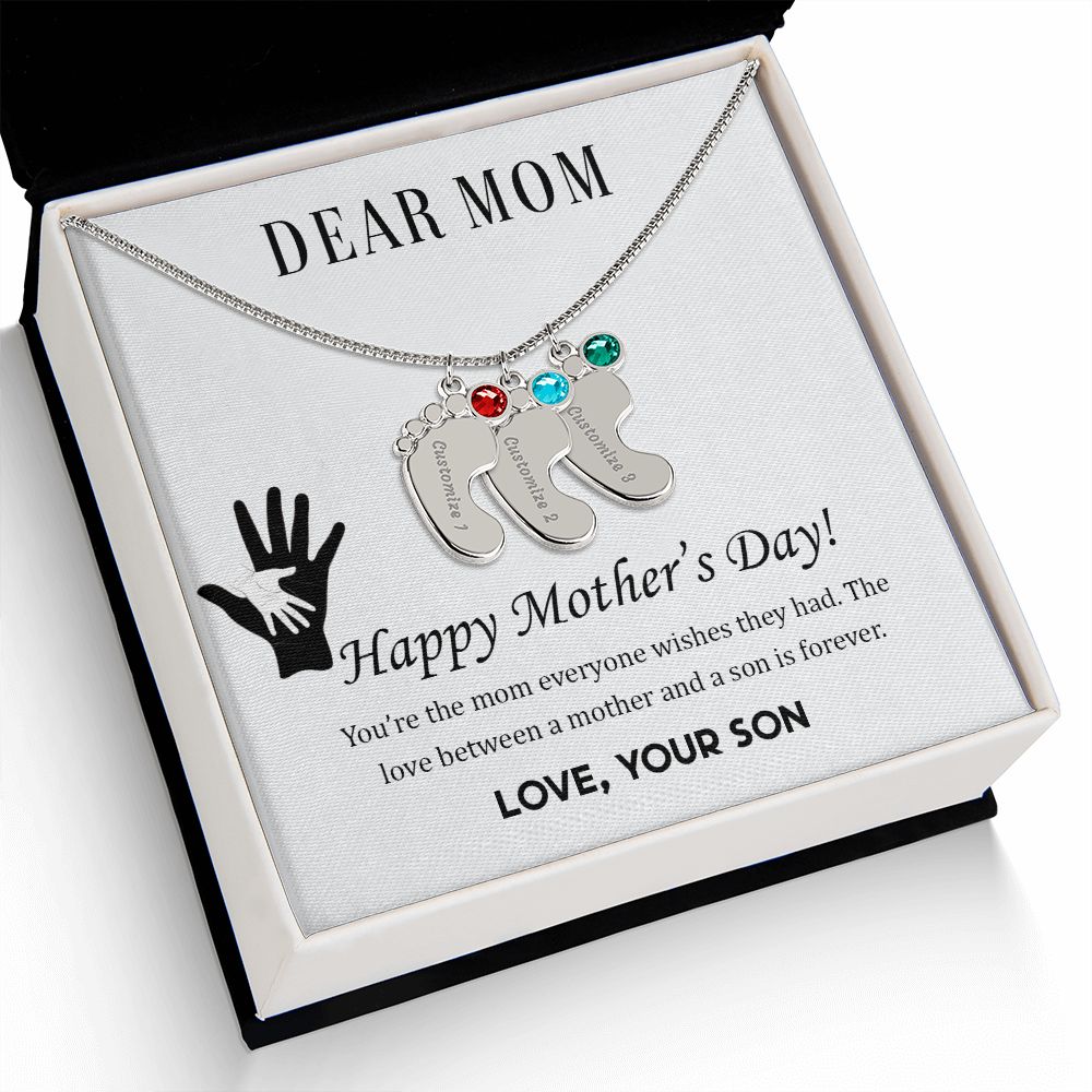 ENGRAVED BABY FEET WITH NAME AND BIRTHSTONE, NECKLACE GIFT FOR MOM WITH KIDS NAME, WITH MESSAGE CARD, BIRTHDAY/ MOTHER'S DAY GIFT FOR MOM FROM SON