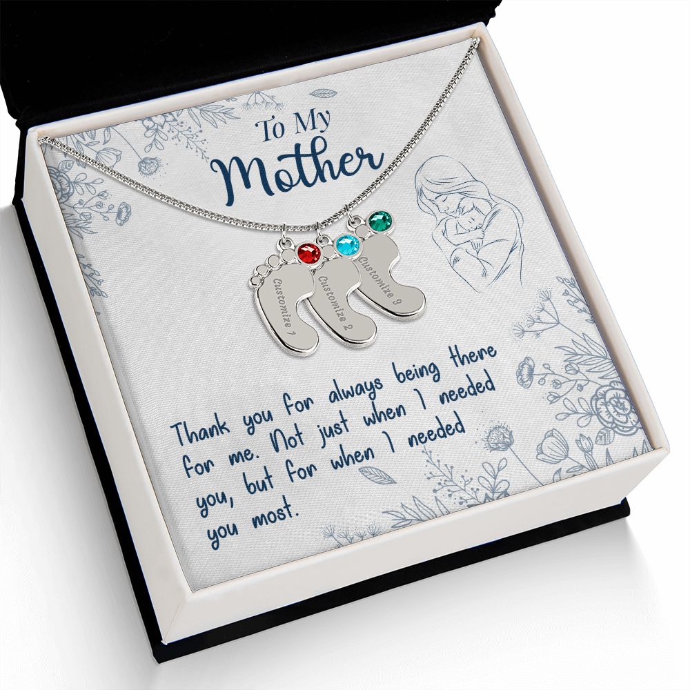 ENGRAVED BABY FEET WITH NAME AND BIRTHSTONE, NECKLACE GIFT FOR MOM WITH KIDS NAME, WITH MESSAGE CARD, MOTHER'S DAY GIFT, FOR MOM FROM SON/DAUGHTER