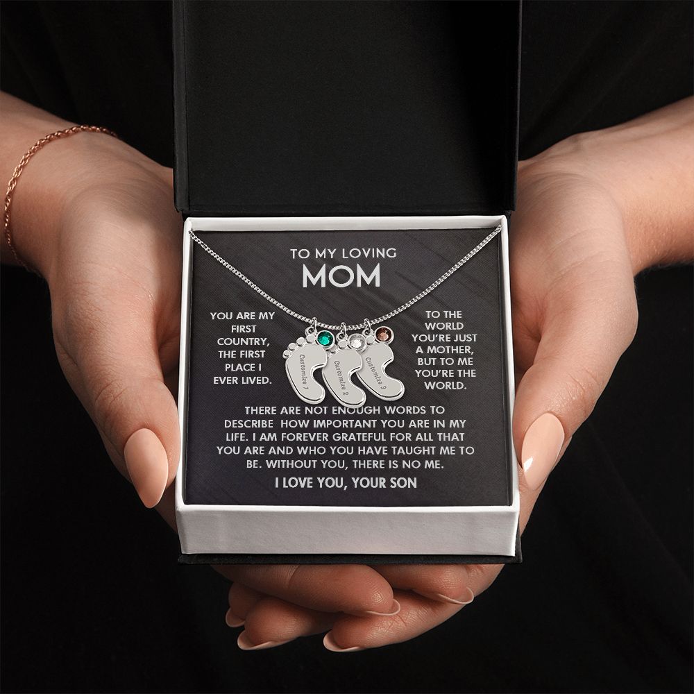 ENGRAVED BABY FEET WITH NAME AND BIRTHSTONE, NECKLACE GIFT FOR MOM WITH KIDS NAME, WITH MESSAGE CARD, BIRTHDAY/ MOTHER'S DAY GIFT FOR MOM FROM SON