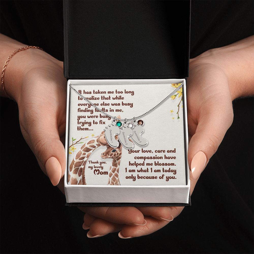 ENGRAVED BABY FEET WITH NAME AND BIRTHSTONE, NECKLACE GIFT FOR MOM WITH KIDS NAME, WITH MESSAGE CARD, HAPPY MOTHER'S DAY, GIFT FOR MOM FROM SON/DAUGHTER