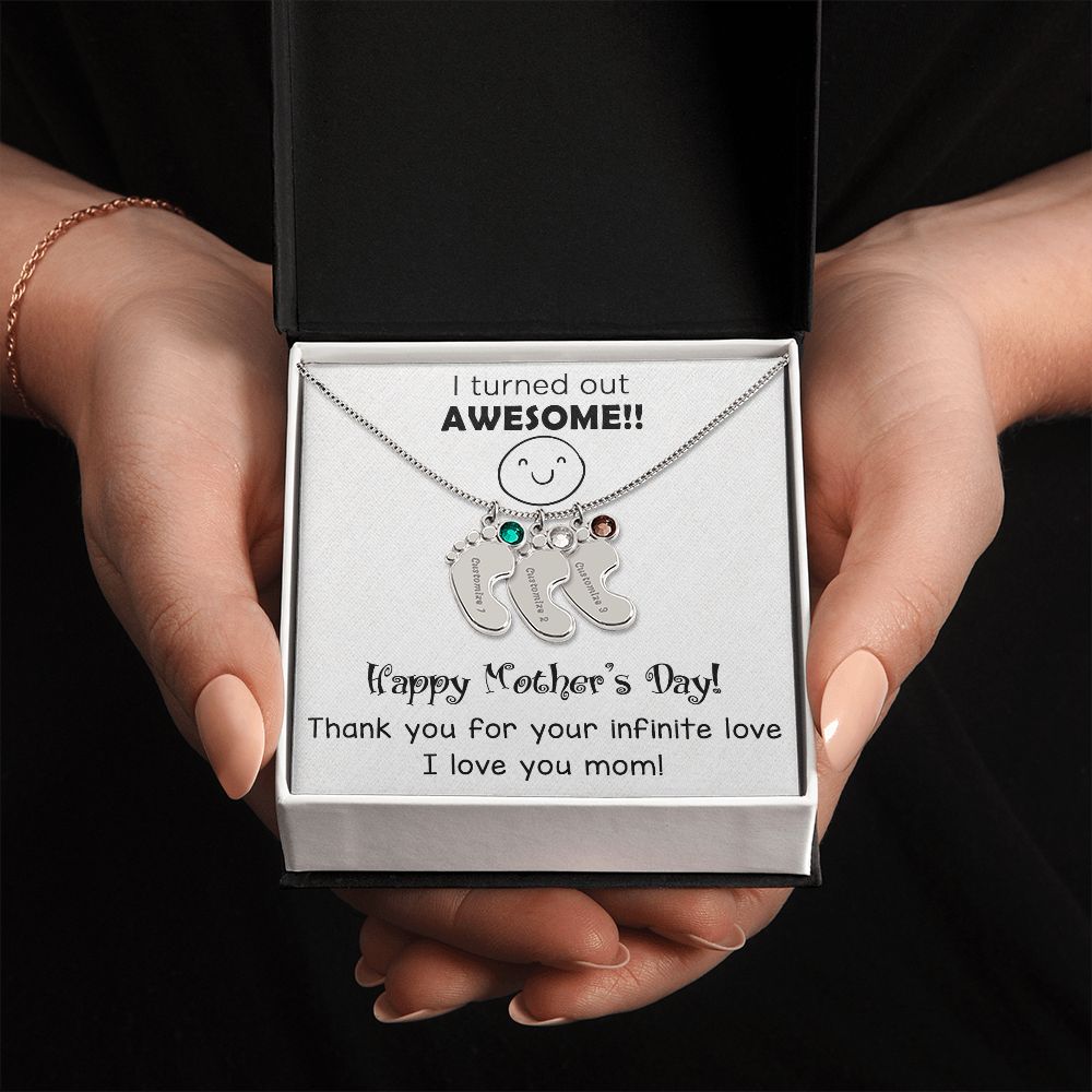 ENGRAVED BABY FEET WITH NAME AND BIRTHSTONE, NECKLACE GIFT FOR MOM WITH KIDS NAME, WITH MESSAGE CARD, MOTHER'S DAY GIFT FOR MOM FROM SON/DAUGHTER