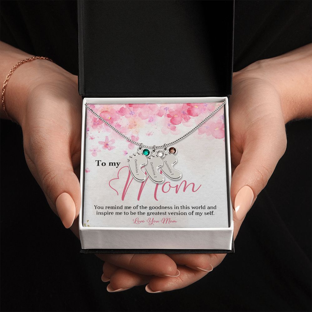 ENGRAVED BABY FEET WITH NAME AND BIRTHSTONE, NECKLACE GIFT FOR MOM WITH KIDS NAME, WITH MESSAGE CARD, BIRTHDAY/ MOTHER'S DAY GIFT FOR MOM FROM SON/DAUGHTER