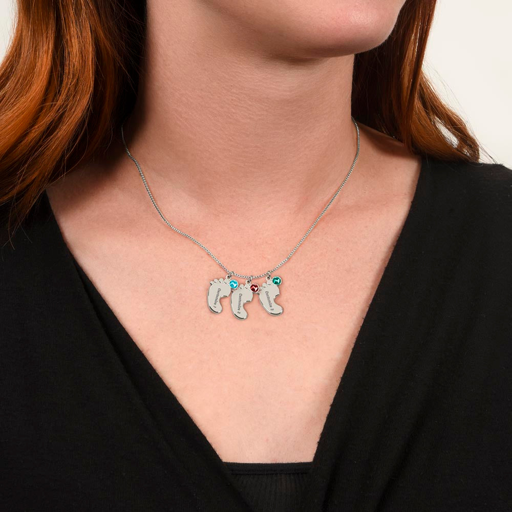 ENGRAVED BABY FEET WITH NAME AND BIRTHSTONE, NECKLACE GIFT FOR MOM WITH KIDS NAME, WITH MESSAGE CARD, MOTHER'S DAY GIFT, FOR MOM FROM SON/DAUGHTER