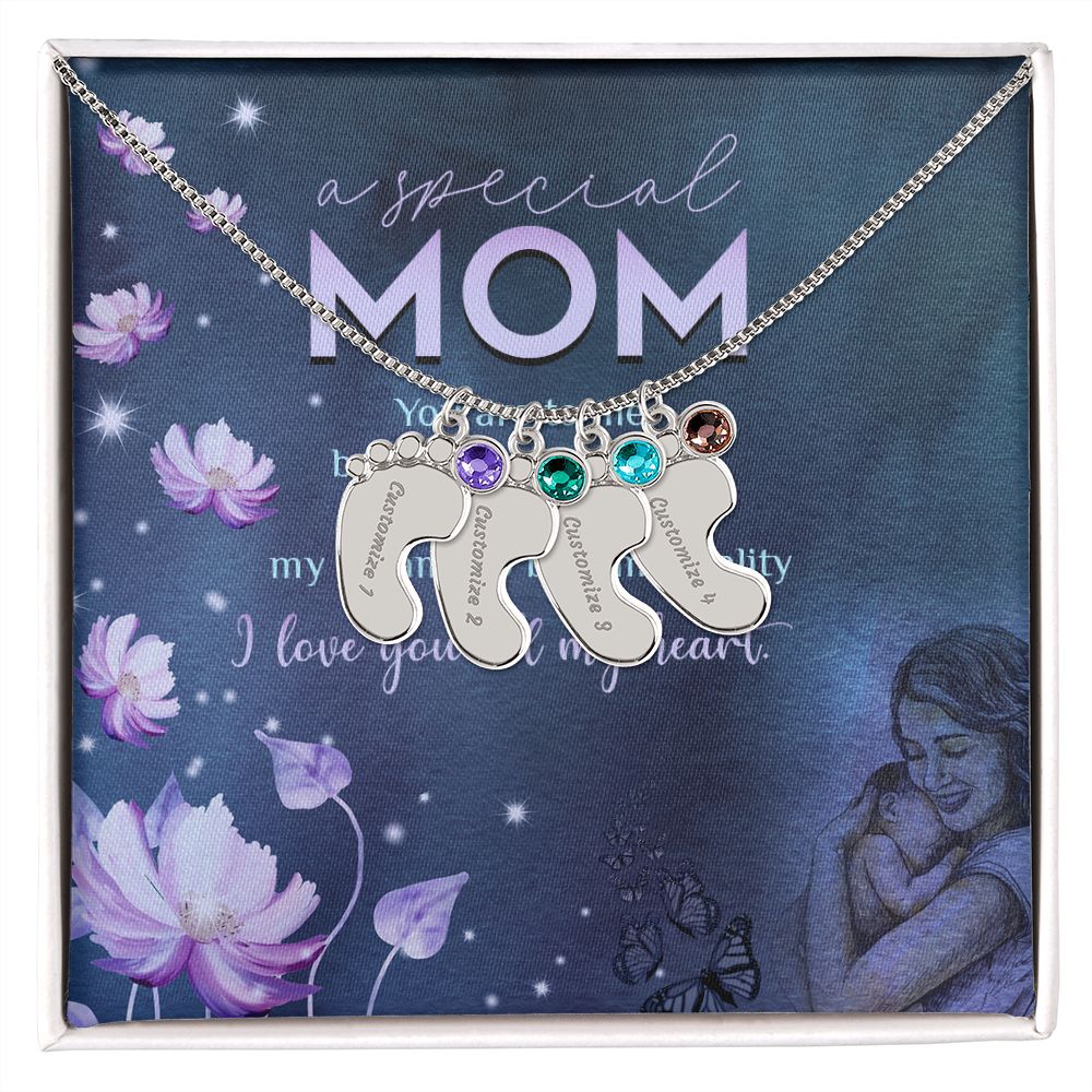 ENGRAVED BABY FEET WITH NAME AND BIRTHSTONE, NECKLACE GIFT FOR MOM WITH KIDS NAME, WITH MESSAGE CARD, BIRTHDAY/MOTHER'S DAY GIFT FOR MOM, FROM KIDS