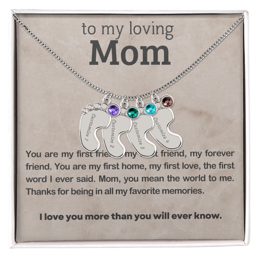 ENGRAVED BABY FEET WITH NAME AND BIRTHSTONE, NECKLACE GIFT FOR MOM WITH KIDS NAME, WITH MESSAGE CARD, BIRTHDAY/MOTHER'S DAY GIFT FOR MOM, FROM SON/DAUGHTER