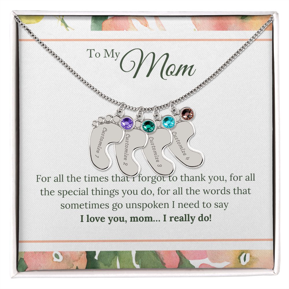 ENGRAVED BABY FEET WITH NAME AND BIRTHSTONE, NECKLACE GIFT FOR MOM WITH KIDS NAME, WITH MESSAGE CARD, HAPPY MOTHER'S DAY GIFT FOR MOM FROM SON/DAUGHTER