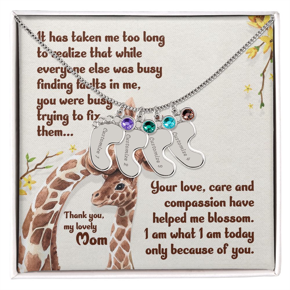 ENGRAVED BABY FEET WITH NAME AND BIRTHSTONE, NECKLACE GIFT FOR MOM WITH KIDS NAME, WITH MESSAGE CARD, HAPPY MOTHER'S DAY, GIFT FOR MOM FROM SON/DAUGHTER