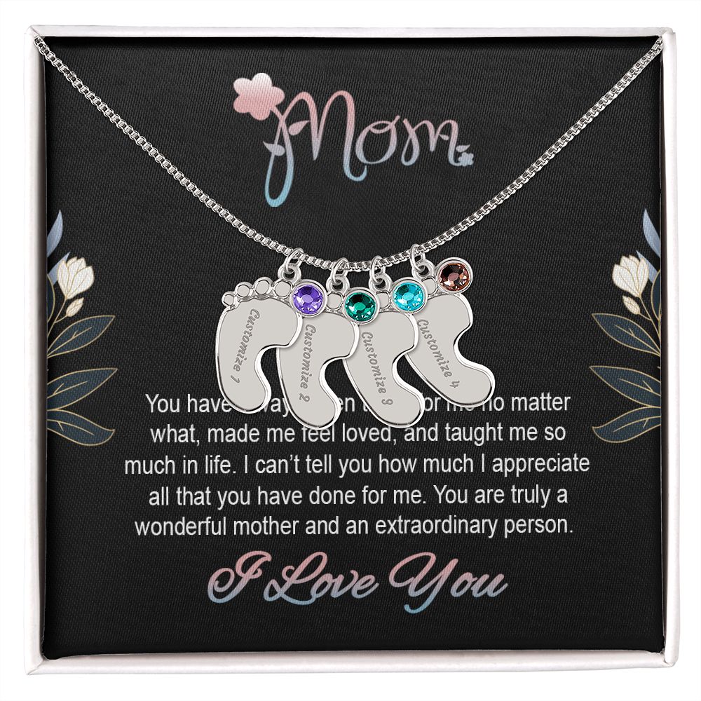 ENGRAVED BABY FEET WITH NAME AND BIRTHSTONE, NECKLACE GIFT FOR MOM WITH KIDS NAME, WITH MESSAGE CARD, BIRTHDAY/ MOTHER'S DAY GIFT FOR MOM FROM SON/DAUGHTER