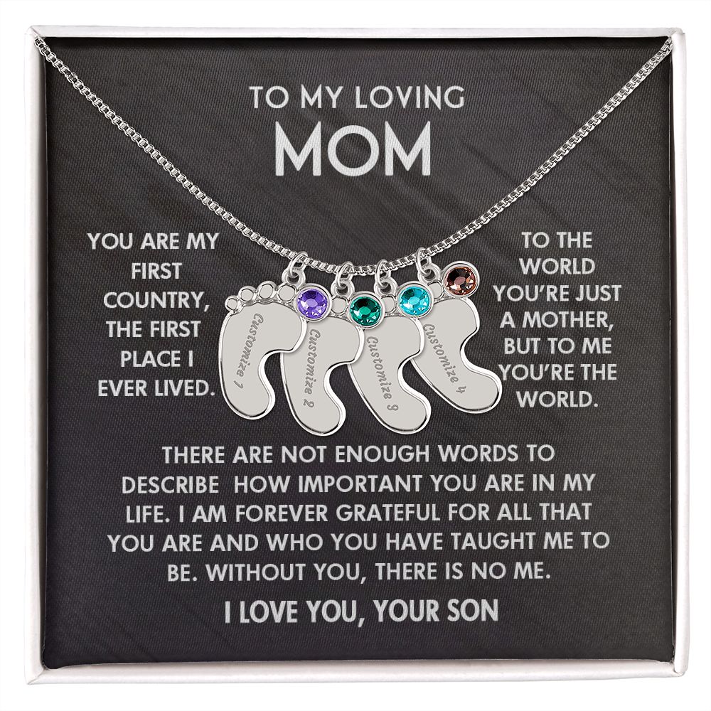 ENGRAVED BABY FEET WITH NAME AND BIRTHSTONE, NECKLACE GIFT FOR MOM WITH KIDS NAME, WITH MESSAGE CARD, BIRTHDAY/ MOTHER'S DAY GIFT FOR MOM FROM SON