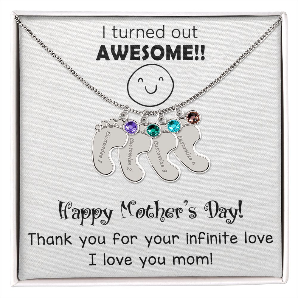 ENGRAVED BABY FEET WITH NAME AND BIRTHSTONE, NECKLACE GIFT FOR MOM WITH KIDS NAME, WITH MESSAGE CARD, MOTHER'S DAY GIFT FOR MOM FROM SON/DAUGHTER