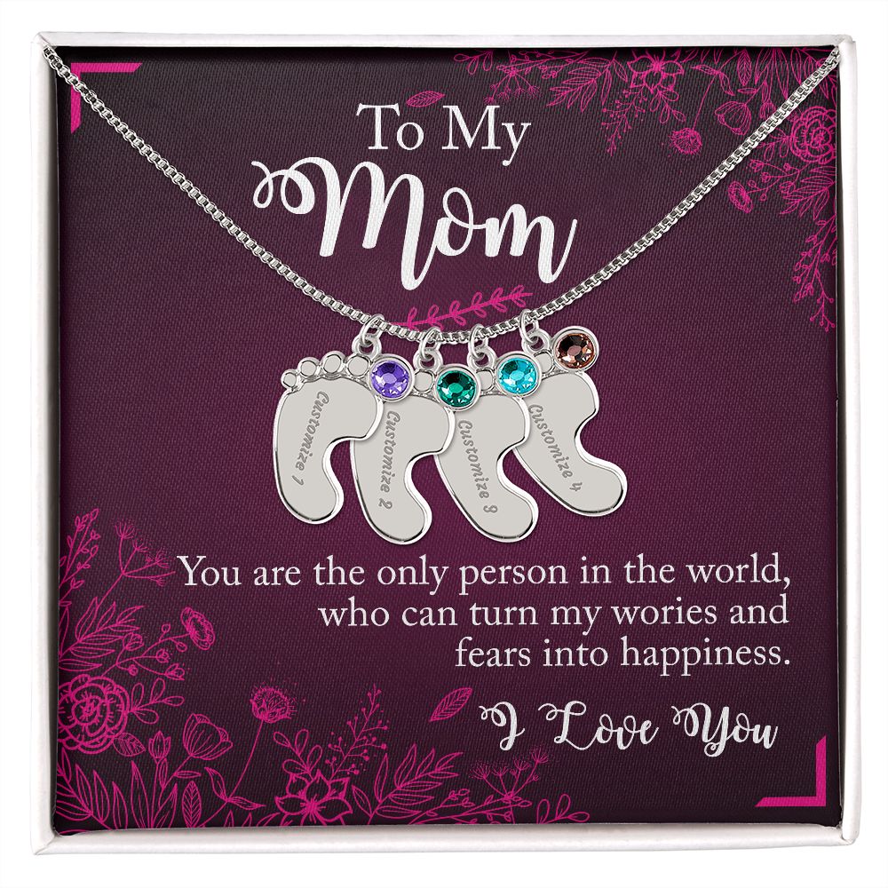 ENGRAVED BABY FEET WITH NAME AND BIRTHSTONE, NECKLACE GIFT FOR MOM WITH KIDS NAME, WITH MESSAGE CARD, BIRTHDAY/MOTHER'S DAY GIFT FOR MOM, FROM SON/DAUGHTER