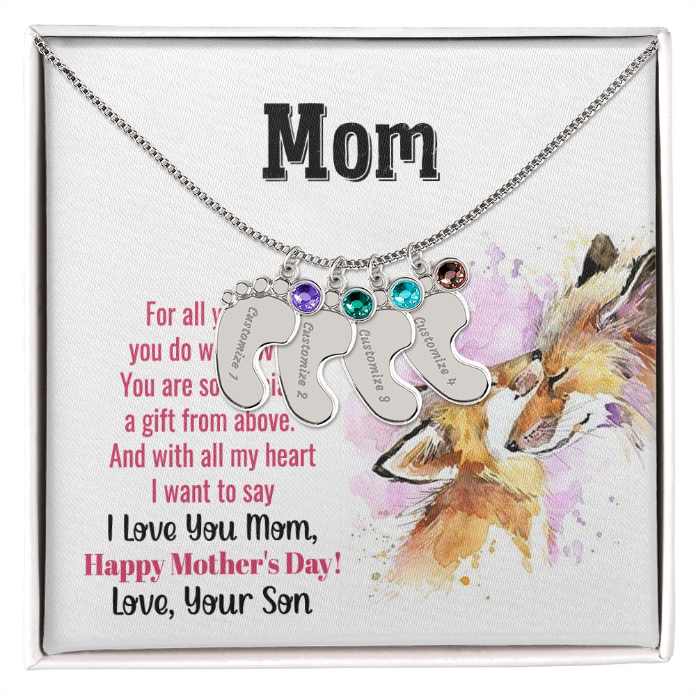 ENGRAVED BABY FEET WITH NAME AND BIRTHSTONE, NECKLACE GIFT FOR MOM WITH KIDS NAME, WITH MESSAGE CARD, MOTHER'S DAY GIFT FOR MOM FROM SON